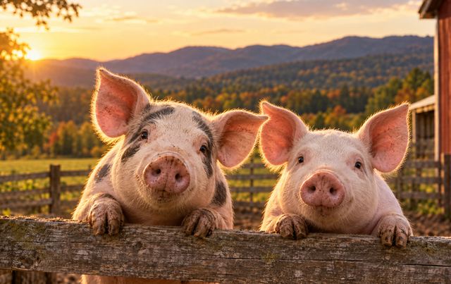 Two pigs looking over a wooden fence at sunset
